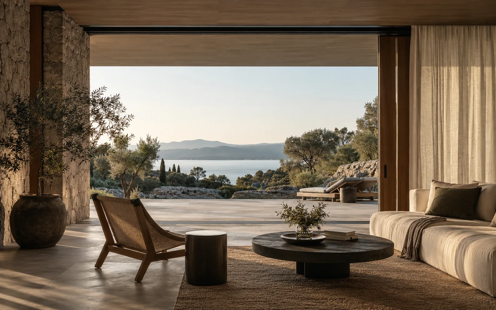 A hospitality interior opening toward the landscape