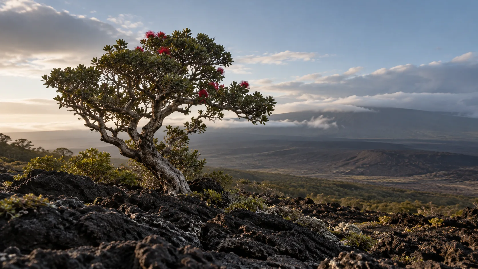Illustrative image of an ʻōhiʻa lehua tree growing in volcanic terrain
