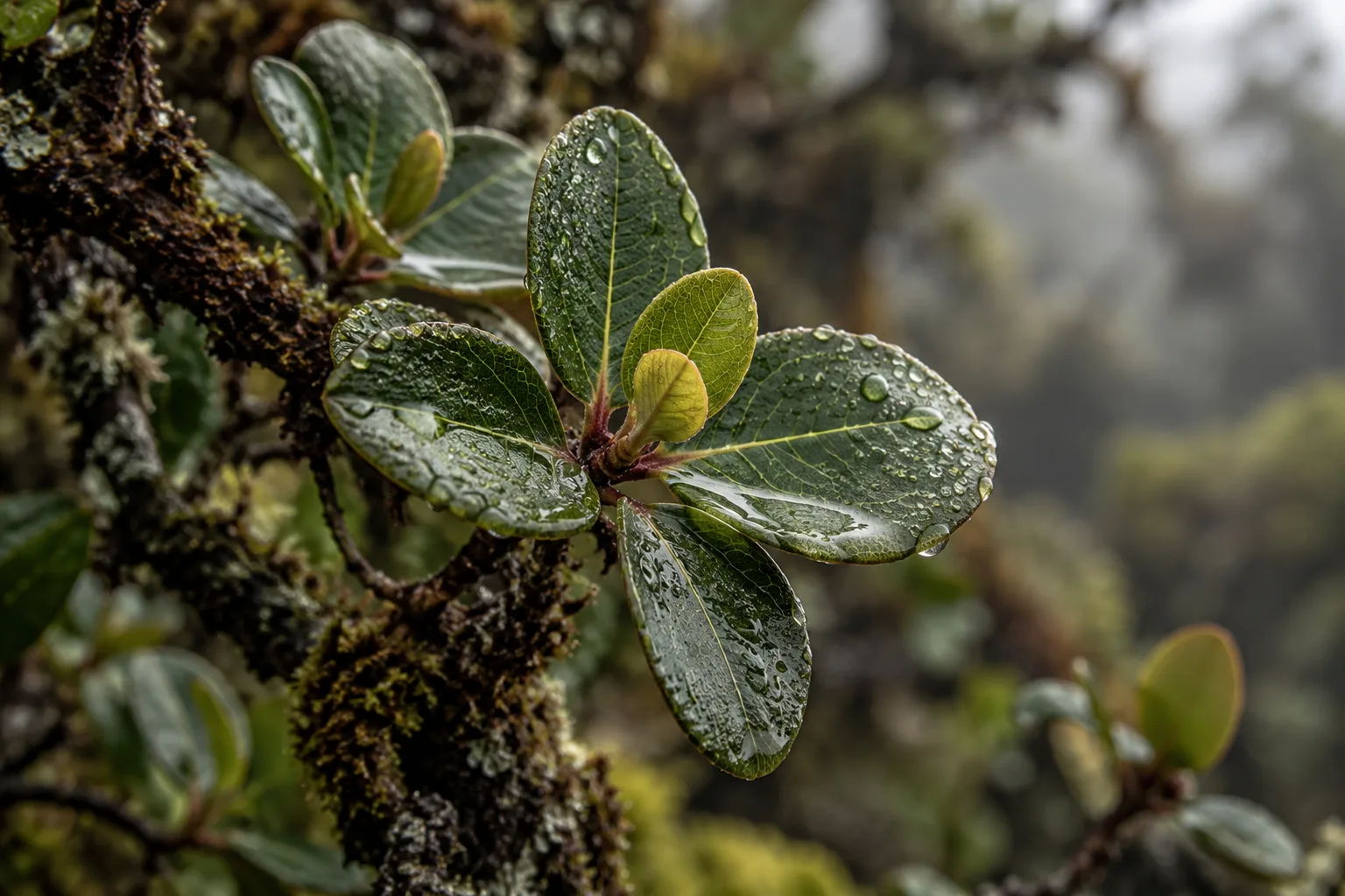 Illustrative close detail of rain on ʻōhiʻa leaves