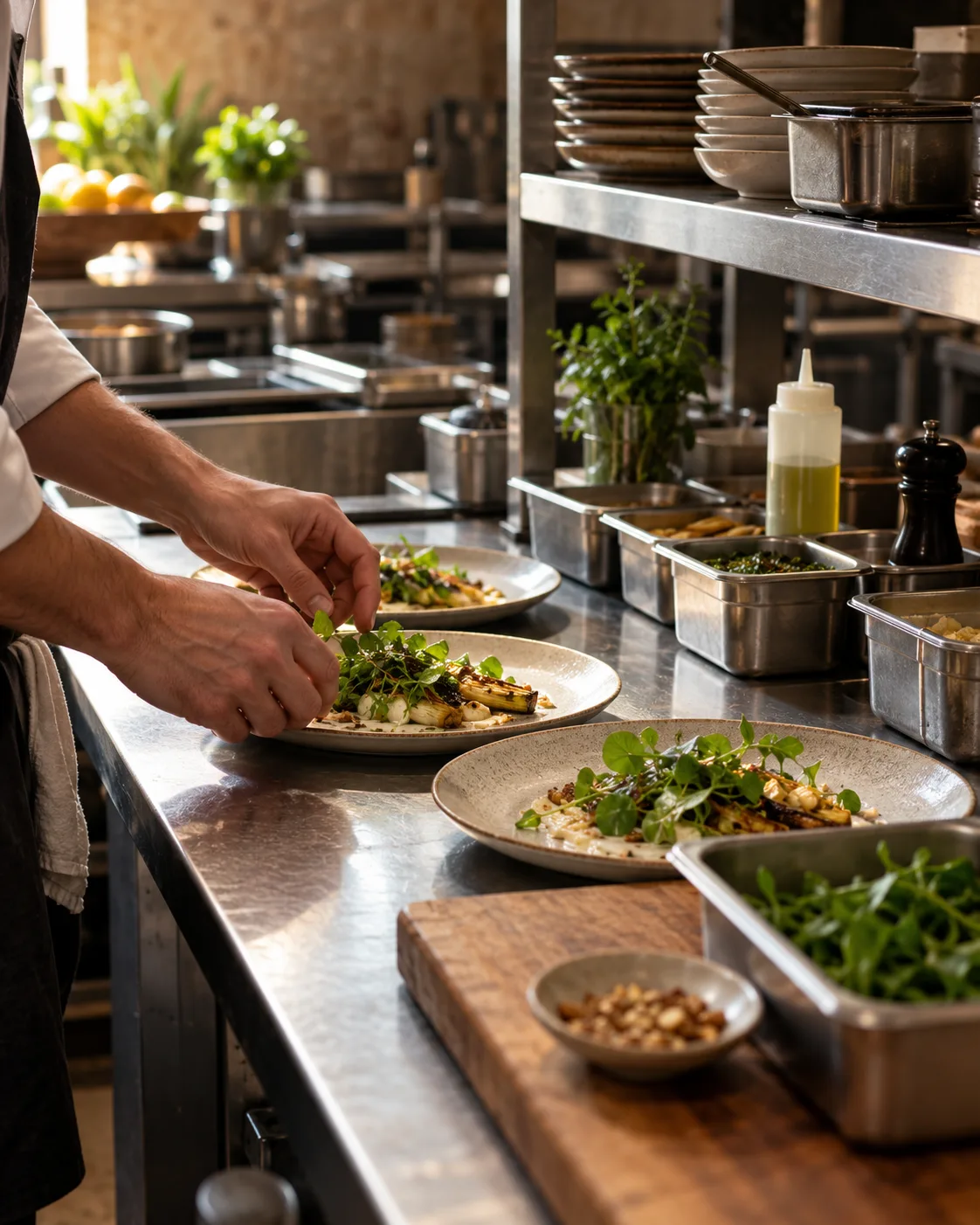 Chefs coordinating plates at a restaurant pass