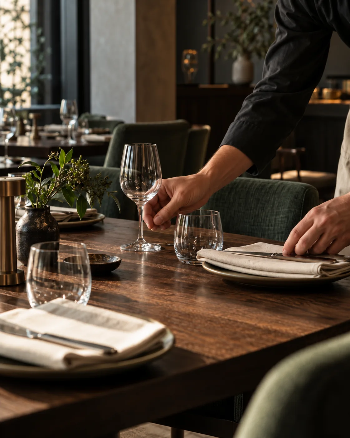 A single wine glass and place setting being prepared for service