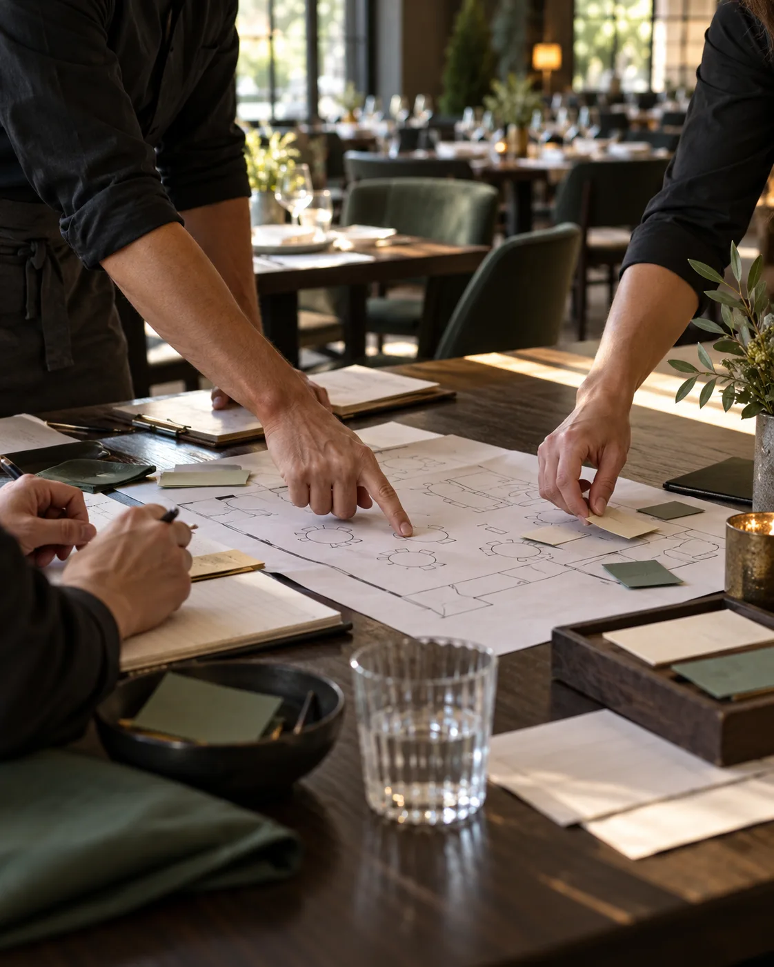 Hospitality leaders coordinating around a floor plan